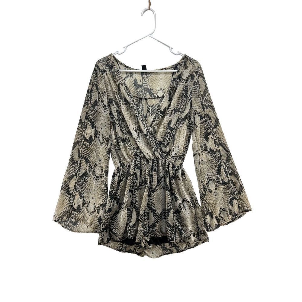 Windsor Snakeskin Romper Medium Semi Sheer Bell Sleeve V Neck One Piece